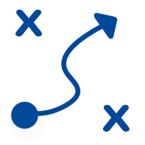 Icon "Strategie": zwei Kreuze in gegenüberliegenden Ecken und ein Punkt, von dem ein geschwungener Pfeil zwischen den beiden Kreuzen in die obere rechte Ecke führt.