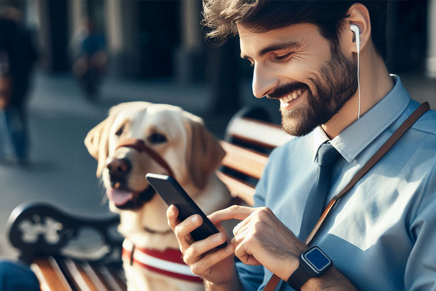 KI-generiertes Bild: Ein Mann mit dunklen, gepflegten Haaren und einem kurzen Vollbart sitzt auf einer Bank. Er trägt ein blaues Hemd mit Krawatte und hält ein Smartphone in der Hand. Sein rechter Zeigefinger bewegt sich Richtung Smartphone. Im Ohr trägt er weiße Inear-Kopfhörer. Neben ihm sitzt ein weißer Labrador, der eine Schlinge um sein Mal trägt. Die Bank ist aus rötlichem Holz und weist kleine Lücken zwischen den einzelnen Holzstreben auf. Das Gestell ist aus Metall und geschwungen.