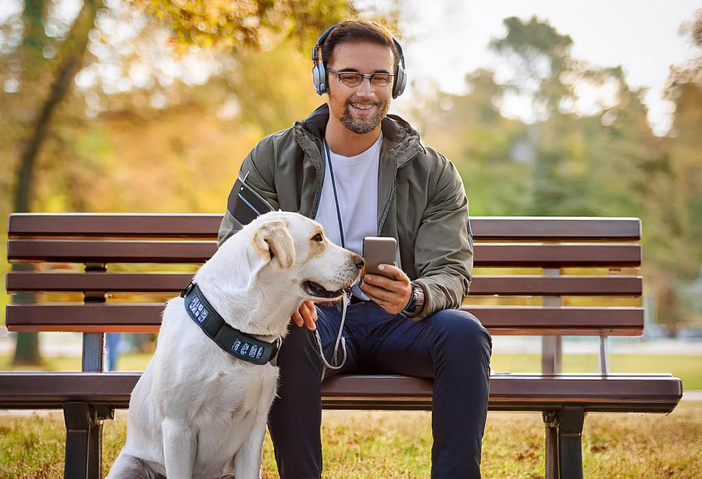 Mann mit Brille sitzt auf einer Holzbank. Er hält ein Smartphone in der Hand, das mit Kopfhörern im Ohr verbunden ist. Neben ihm sitzt ein Golden Retriever mit Geschirr.